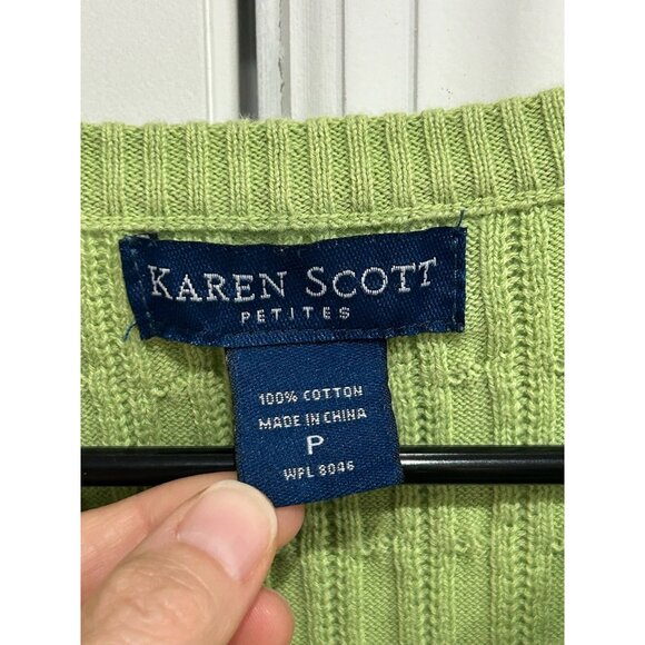 Karen Scott Petite Green Cable Knit 3/4 Sleeve Button Front Sweater Sz P Henley - Picture 5 of 9